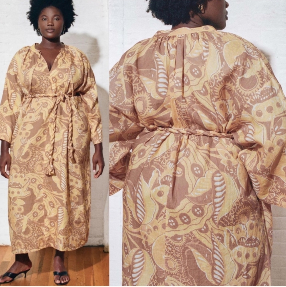 MARA HOFFMAN Printed Linen Maxi Dress braid belted plus size adult Neutral tan
